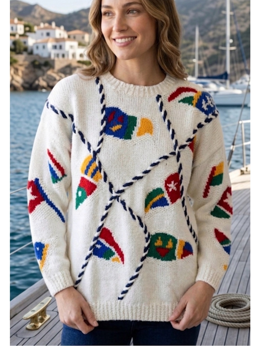 Vintage Izod Nautical Regatta crewneck sweater ropes & flags Sz Medium